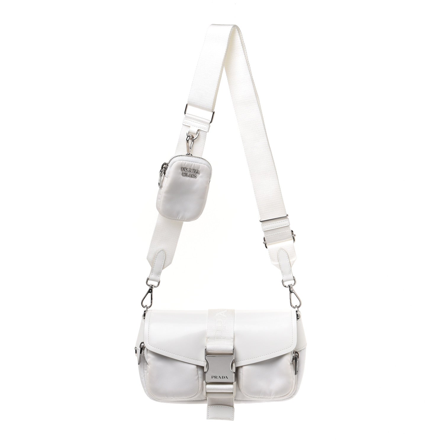 Prada Re-Nylon Spazzolato Double Pocket Buckle Shoulder Bag White 1 of 12
