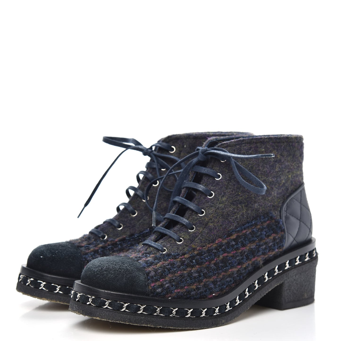 Wool Calfskin Tweed Lace Up Boots 36 Navy