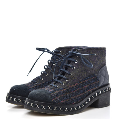 Chanel Wool Calfskin Tweed Lace Up Boots 36 Navy 3 of 8