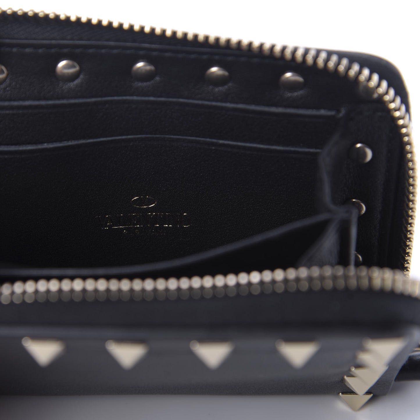 Calfskin Rockstud Zip Around Coin Case Card Holder Black