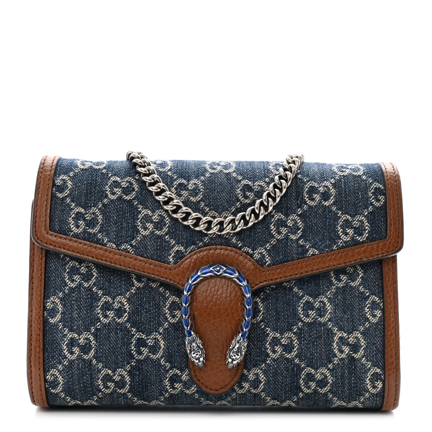 Gucci New Denim GG Monogram Dollar Calfskin Enamel Mini Dionysus Chain Wallet Blue Tea Cuir Epilog Electric Blue 1 of 10