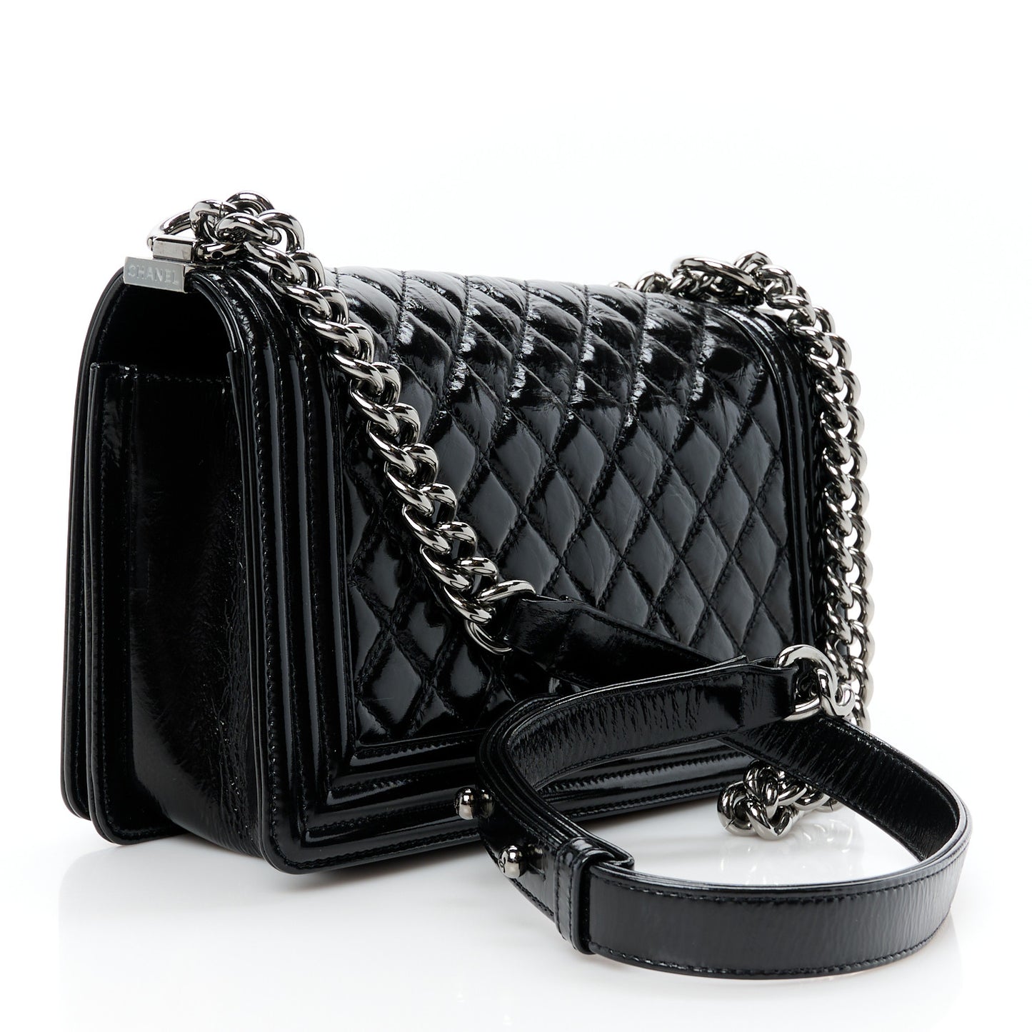 Distressed Patent Quilted Medium Boy Flap Black