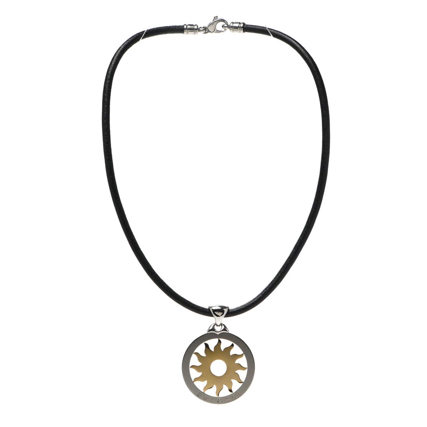 18K Yellow Gold Stainless Steel Calfskin Tondo Sun Pendant Necklace Black