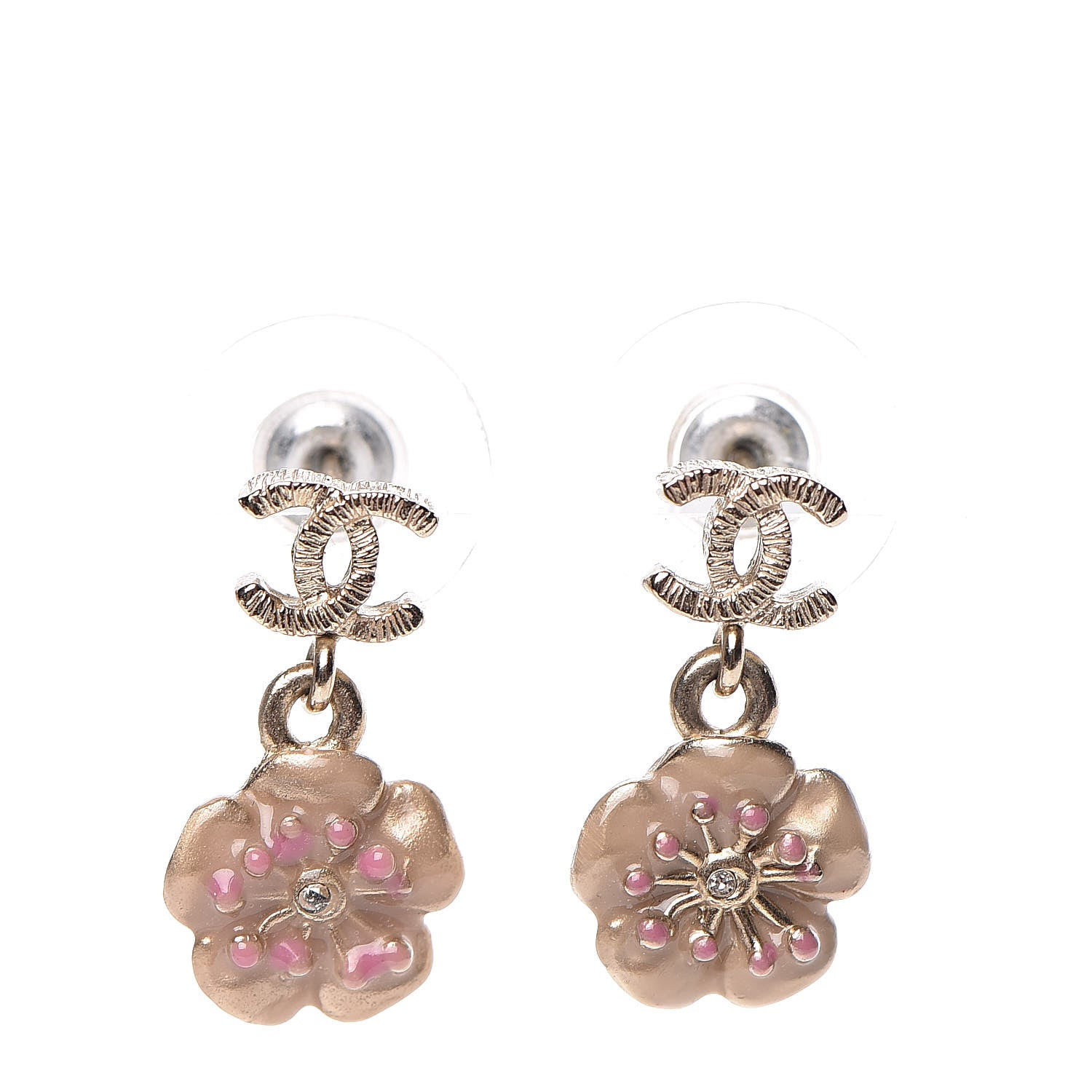 Chanel Enamel CC Camellia Drop Earrings Light Gold 1 of 5