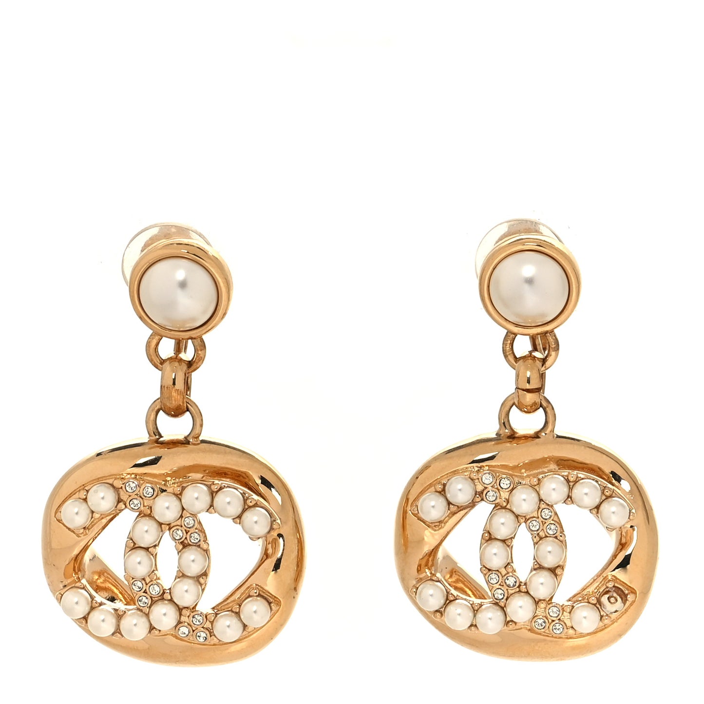Crystal Pearl CC Drop Clip On Earrings Gold