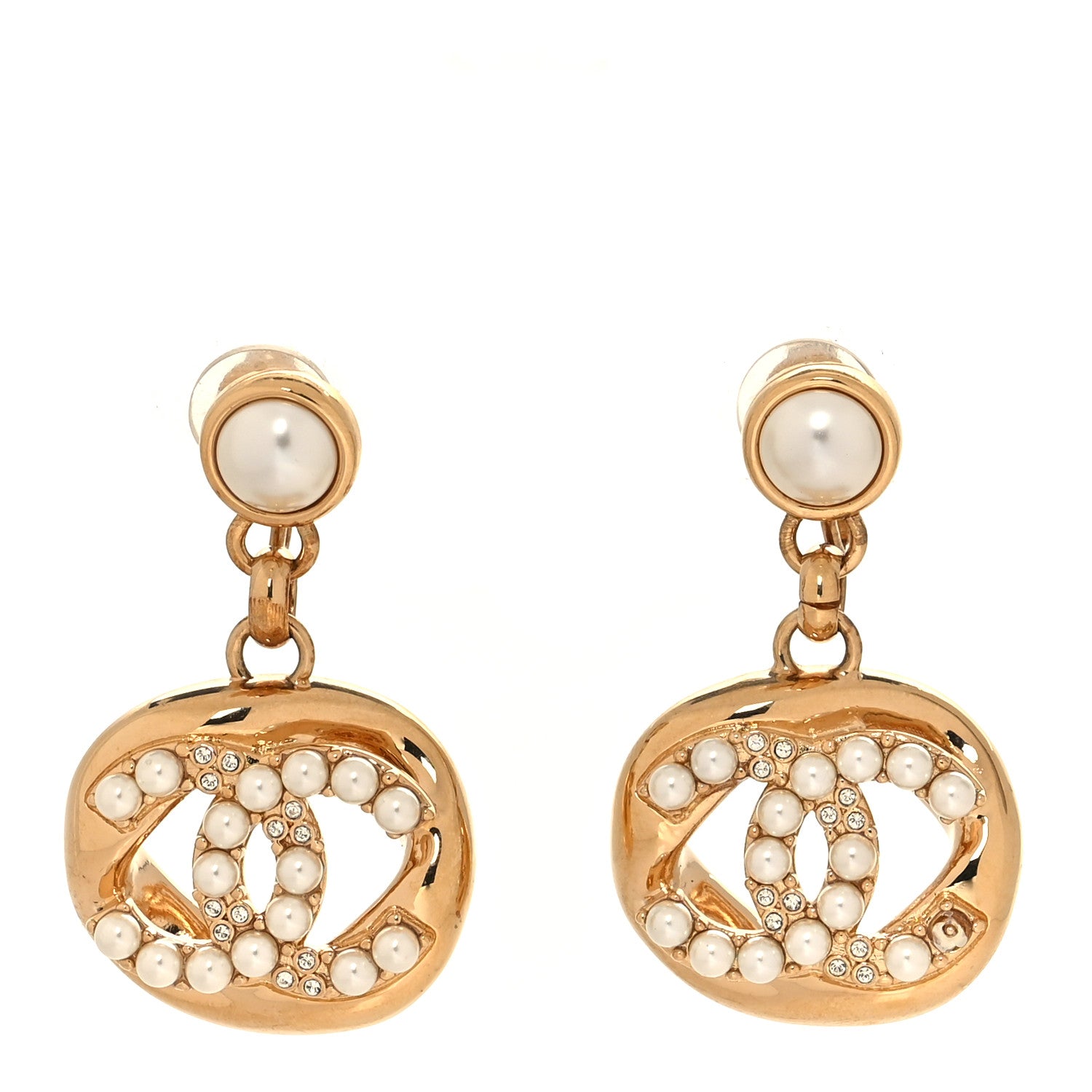 Chanel Crystal Pearl CC Drop Clip On Earrings Gold 1 of 4