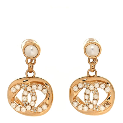 Chanel Crystal Pearl CC Drop Clip On Earrings Gold 1 of 4