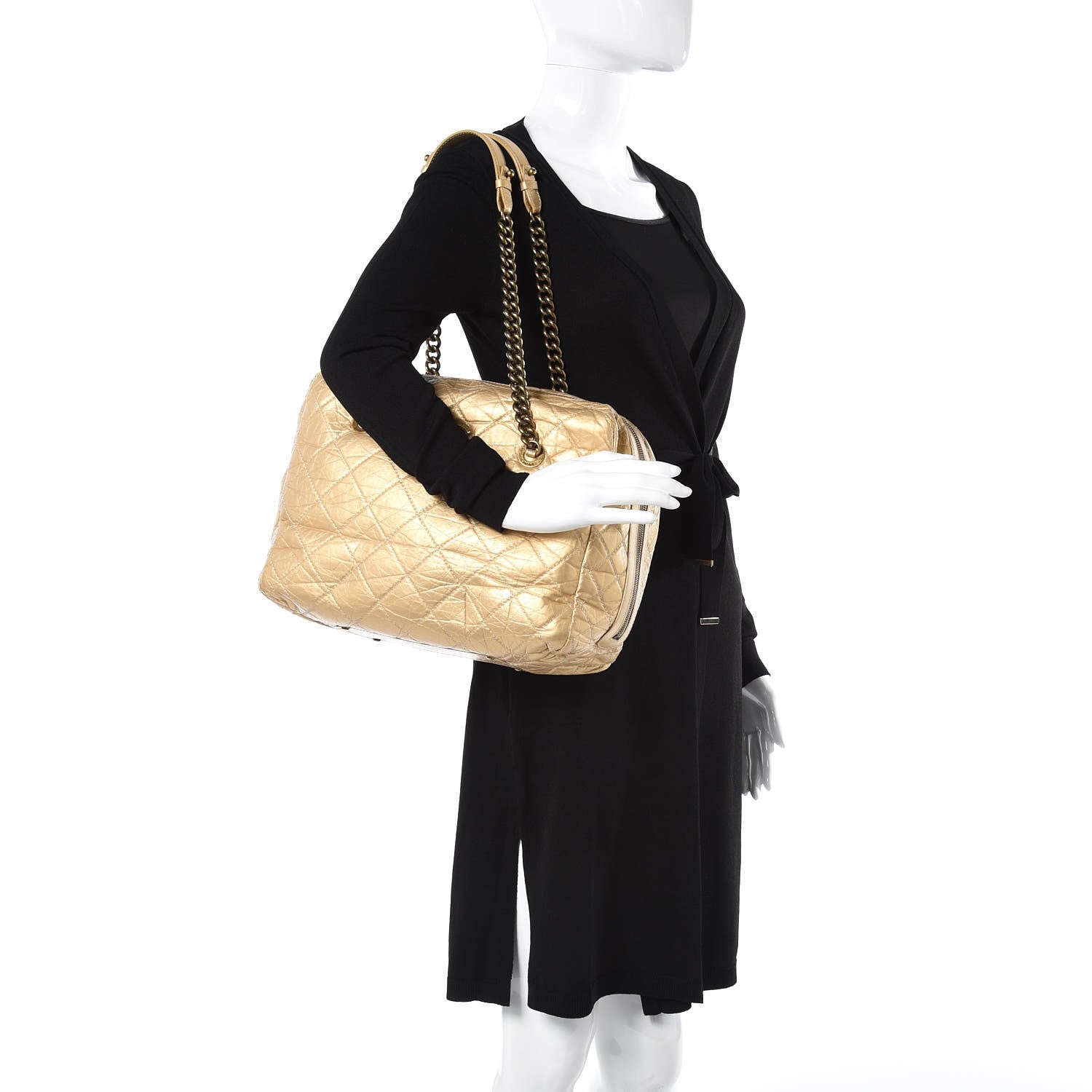 Chanel Metallic Aged Calfskin Quilted Large Secret Tag Bowling Bag Gold 2 of 9