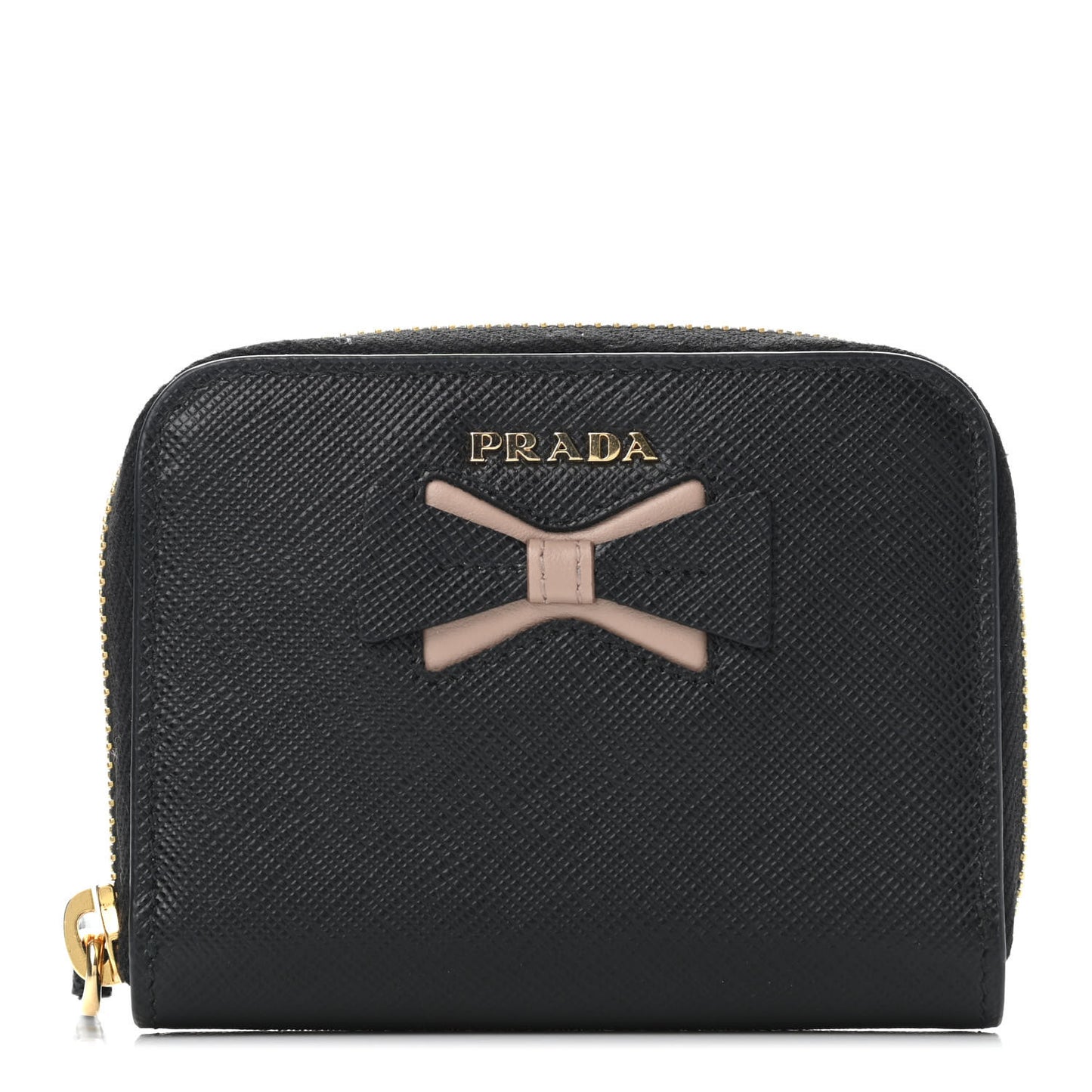 Saffiano Compact Bow Embellished Zip Around Wallet Black Pale Pink