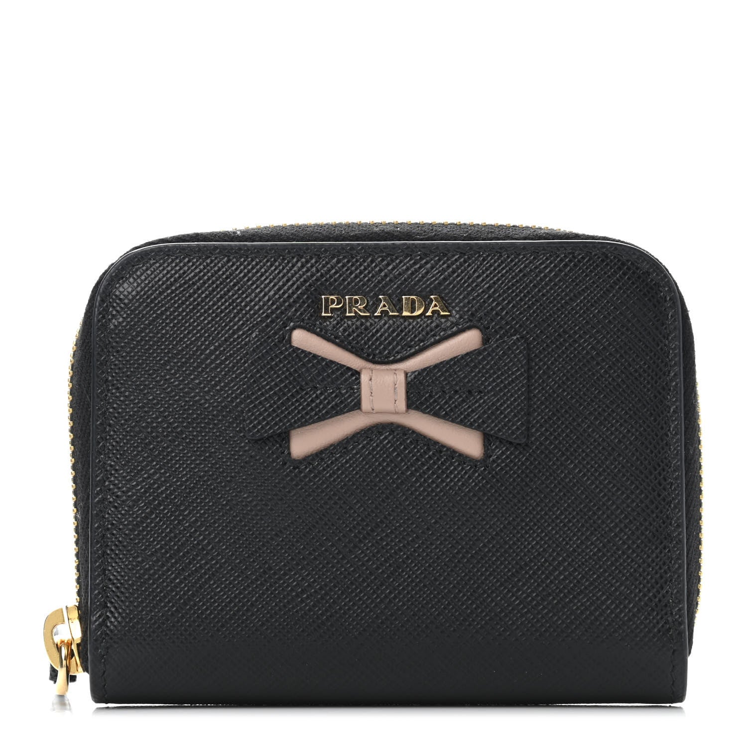Prada Saffiano Compact Bow Embellished Zip Around Wallet Black Pale Pink 1 of 4