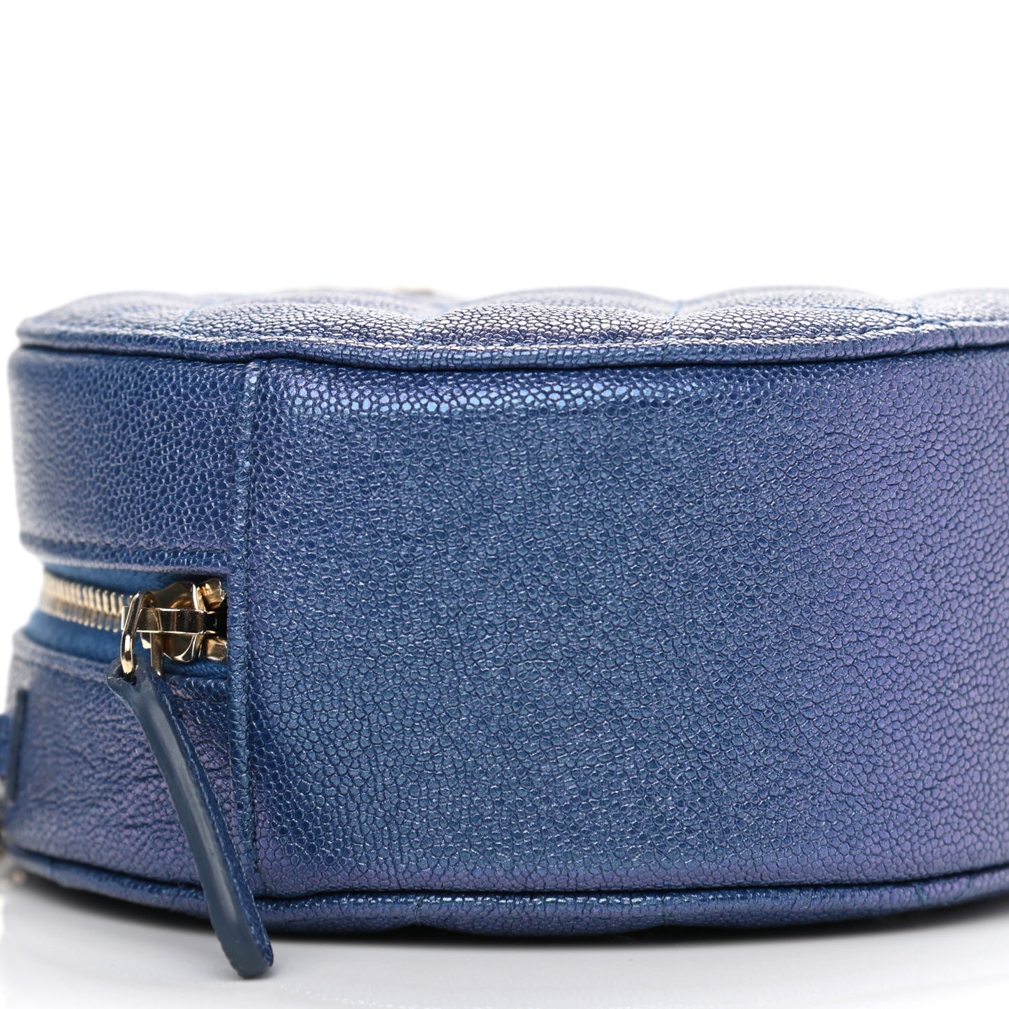 Iridescent Caviar Quilted Round Clutch With Chain Blue