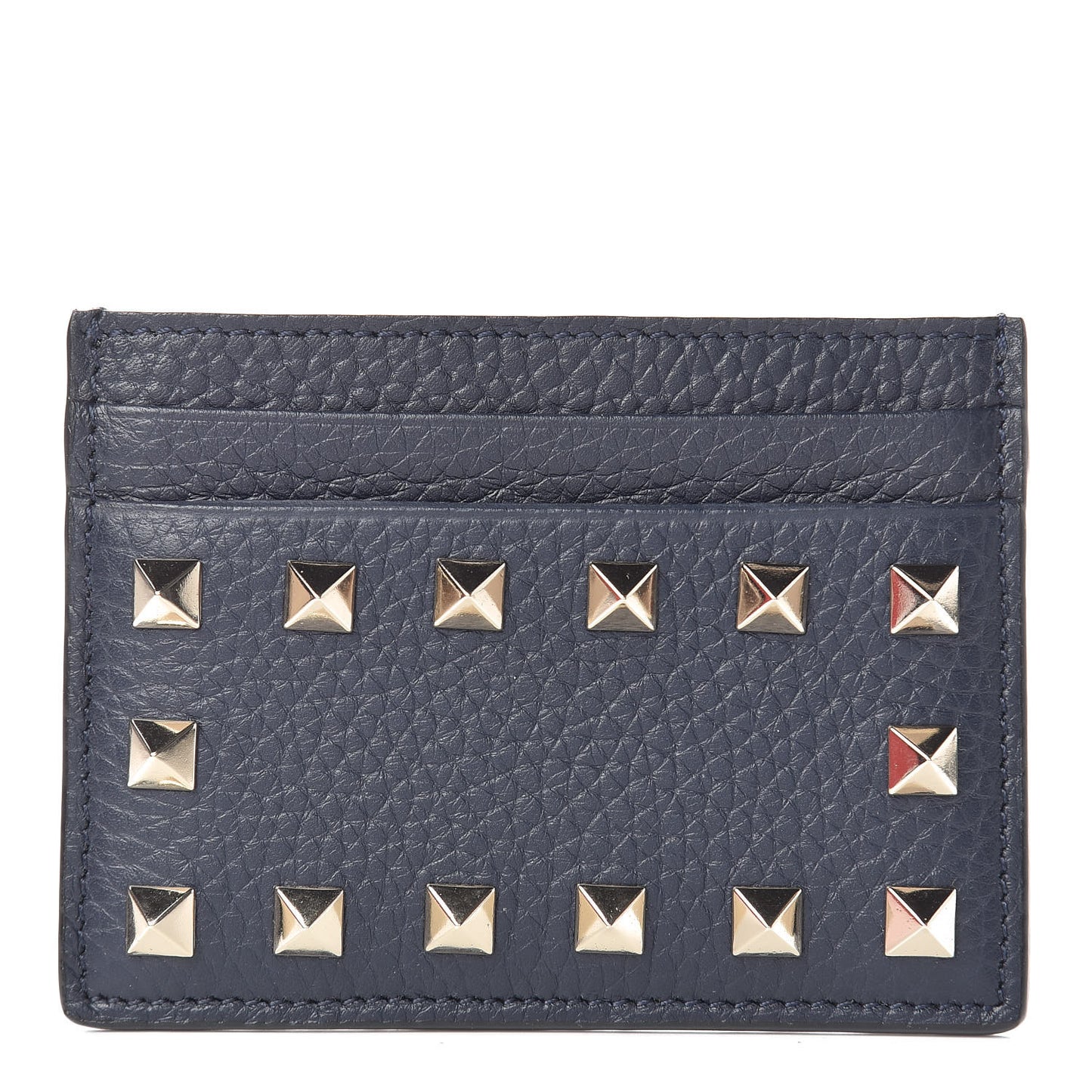 Pebbled Calfskin Rockstud Card Holder Dark Blue