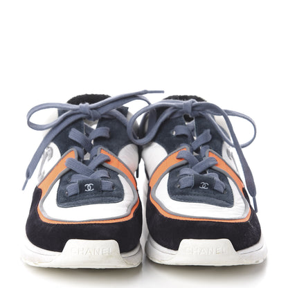 Chanel Nylon Calfskin Suede CC Womens Sneakers 37 Navy White Orange 2 of 6