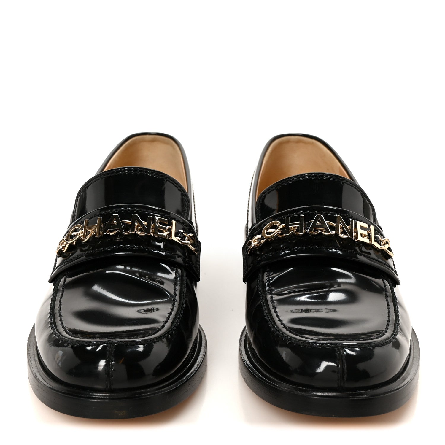 Chanel Shiny Calfskin Logo Loafers 38.5 Black 3 of 10