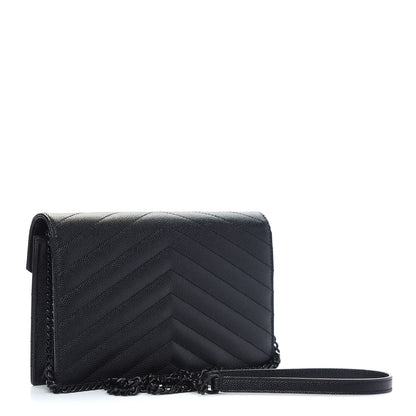 Saint Laurent Grain De Poudre Matelasse Chevron Monogram Envelope Chain Wallet Black 3 of 10