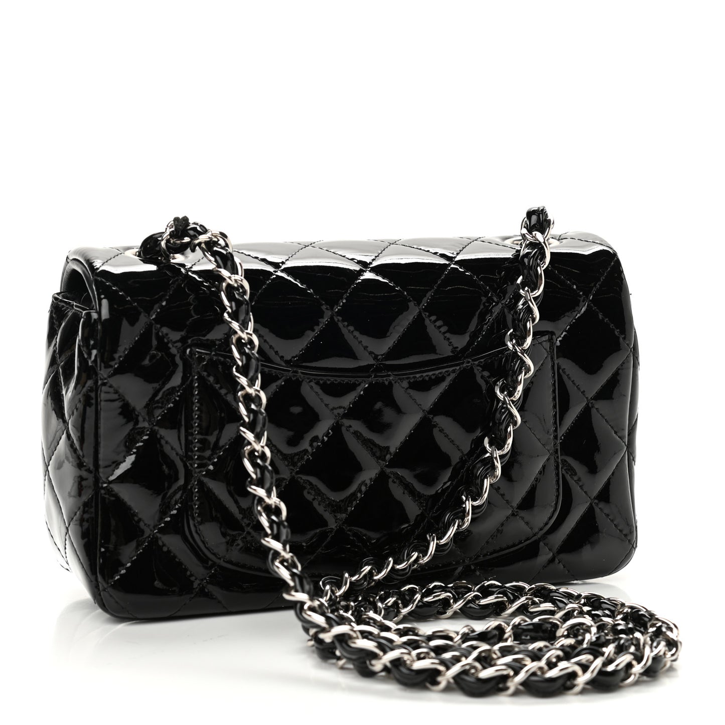 Patent Calfskin Quilted Mini Rectangular Flap Black
