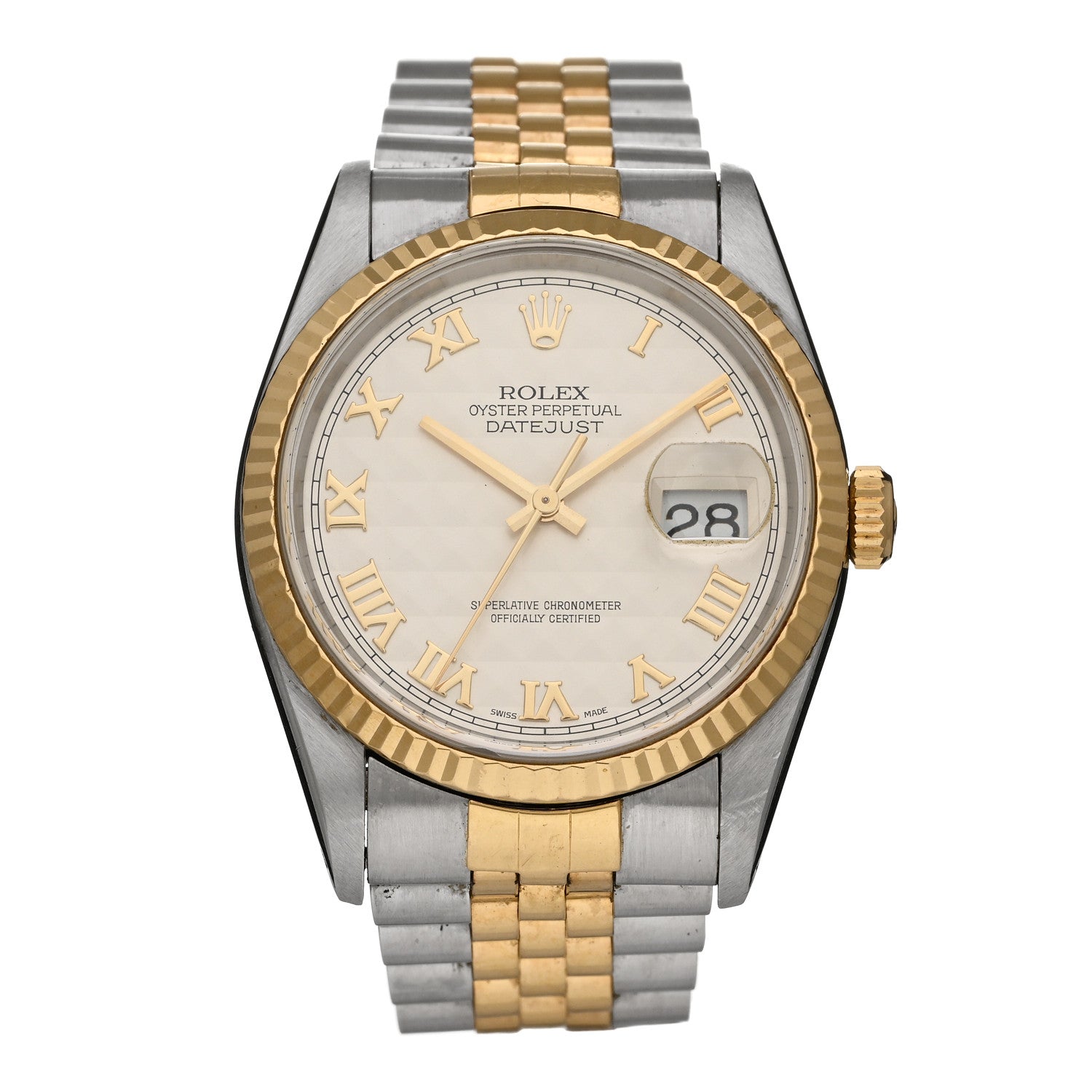 Rolex Stainless Steel 18K Yellow Gold 36mm Oyster Perpetual Datejust Watch White Pyramid Roman 16233 1 of 4