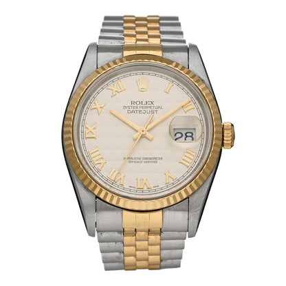 Rolex Stainless Steel 18K Yellow Gold 36mm Oyster Perpetual Datejust Watch White Pyramid Roman 16233 1 of 4