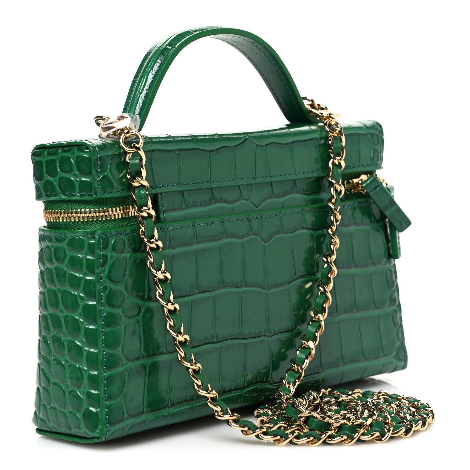Chanel Calfskin Crocodile Embossed Crococo Top Handle Slim Vanity Case With Chain Green 2 of 10