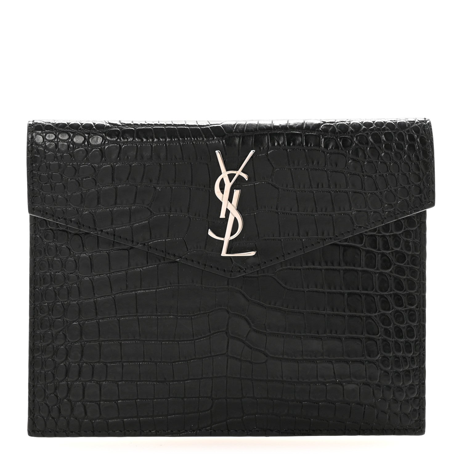 Saint Laurent Calfskin Crocodile Embossed Monogram Small Uptown Pouch Black 1 of 6