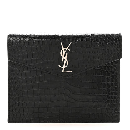 Saint Laurent Calfskin Crocodile Embossed Monogram Small Uptown Pouch Black 1 of 6