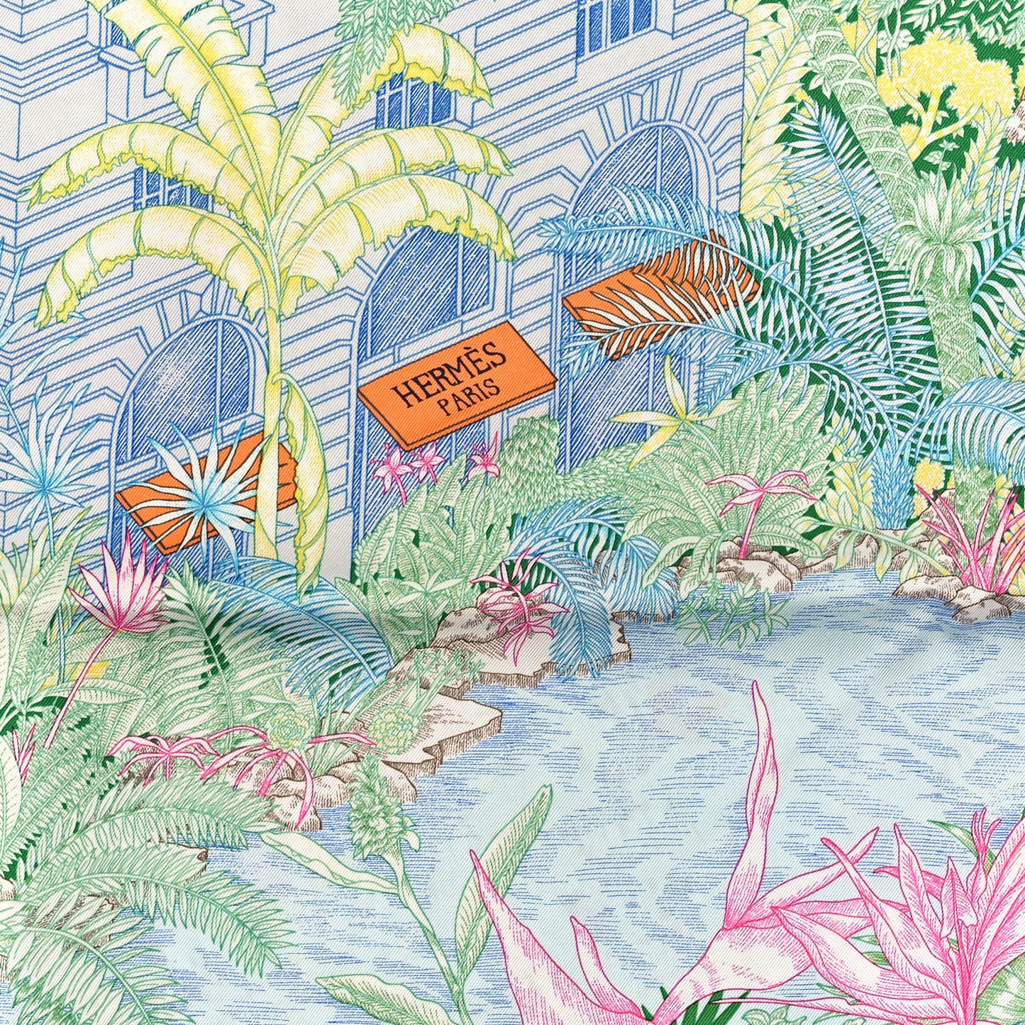 Silk Twill Faubourg Tropical Scarf 90 Bleu Vert Jaune