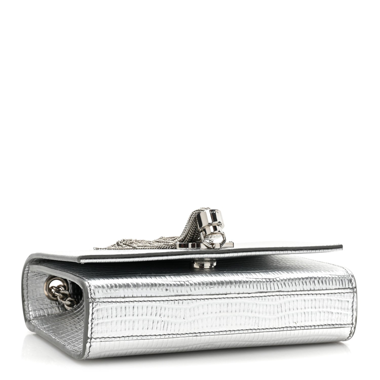 Saint Laurent Metallic Calfskin Crocodile Embossed Small Classic Monogram Kate Tassel Satchel Silver 4 of 11