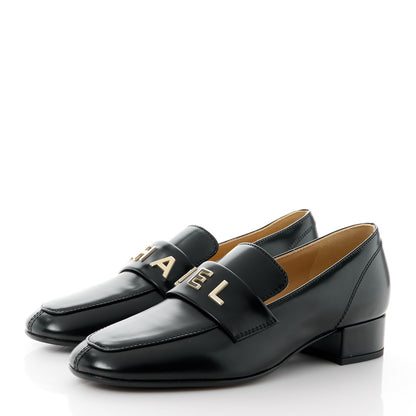 Chanel Shiny Calfskin Logo Loafers 35 Black 3 of 9