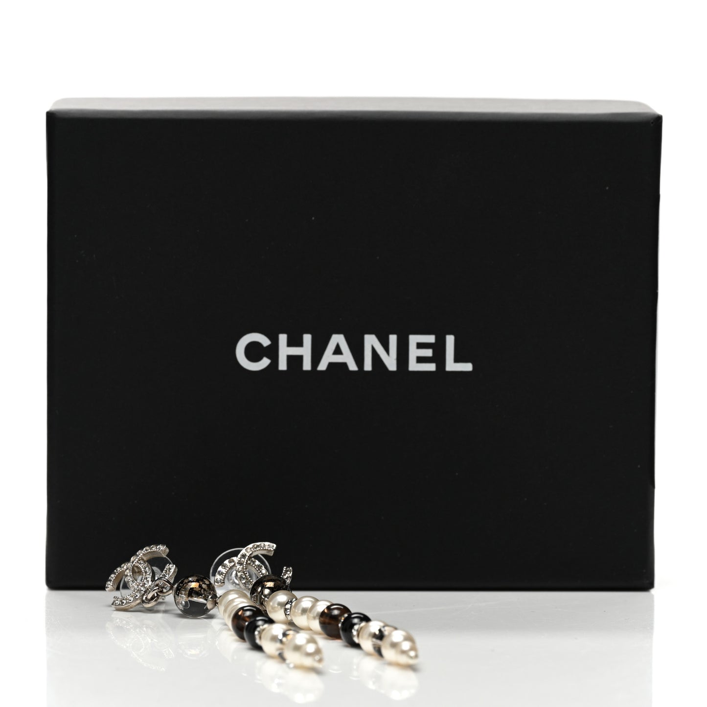 Pearl Bead Crystal CC Long Drop Earrings Black Silver