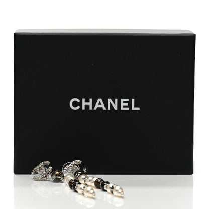 Chanel Pearl Bead Crystal CC Long Drop Earrings Black Silver 5 of 5