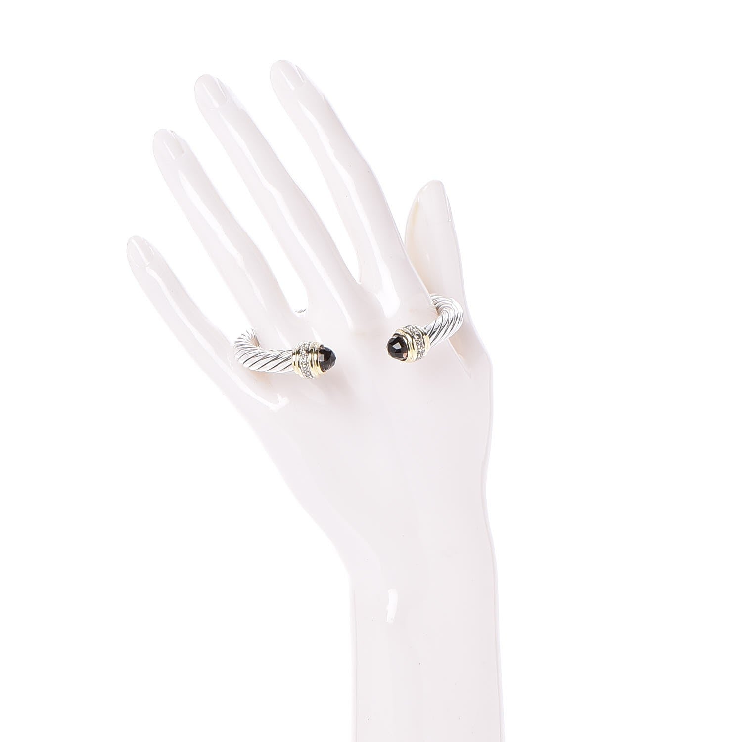 David Yurman Sterling Silver 18K Yellow Gold Diamond Smoky Quartz 7mm Cable Classics Bracelet 2 of 5