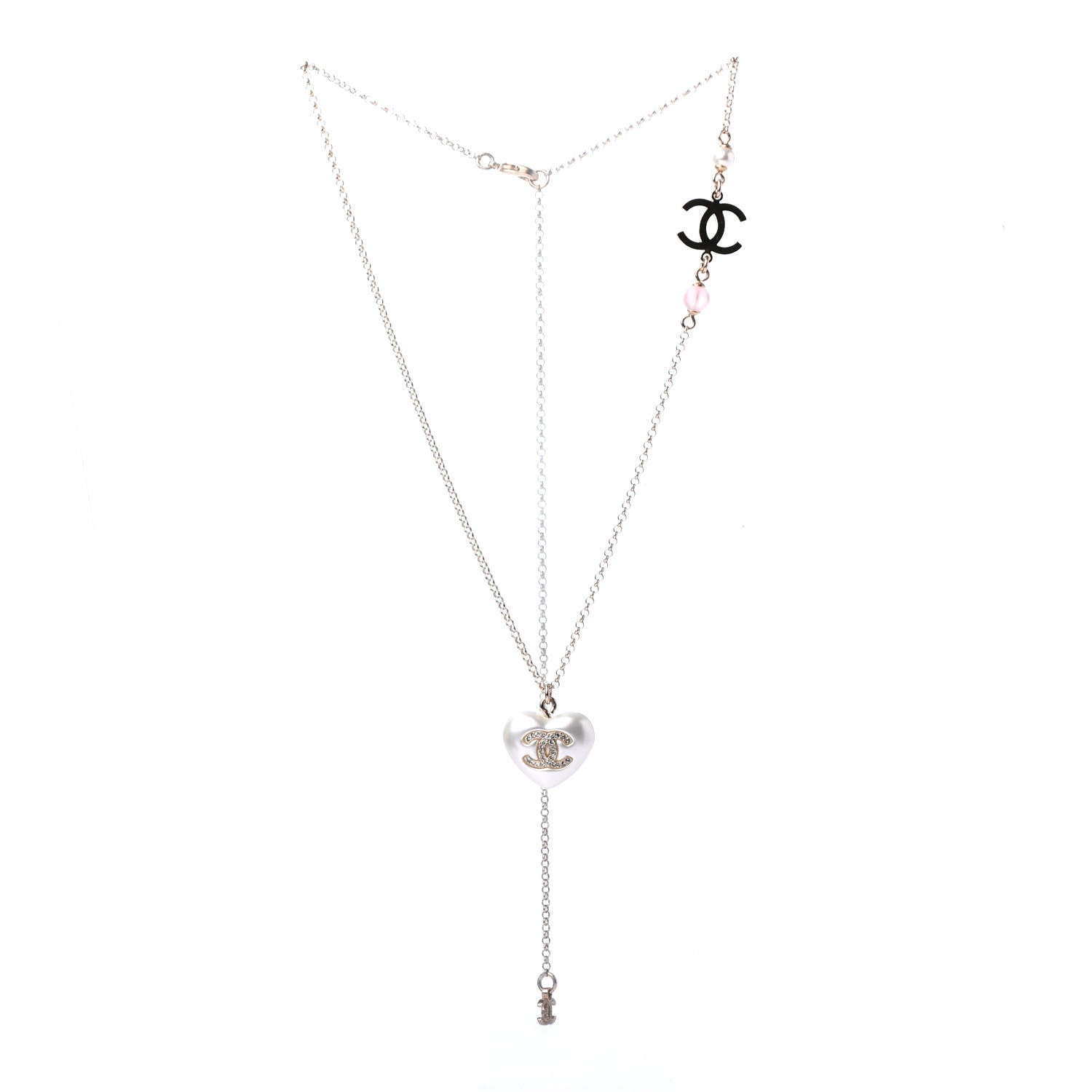 Chanel Resin Crystal CC Heart Necklace Pearly White Gold 2 of 4