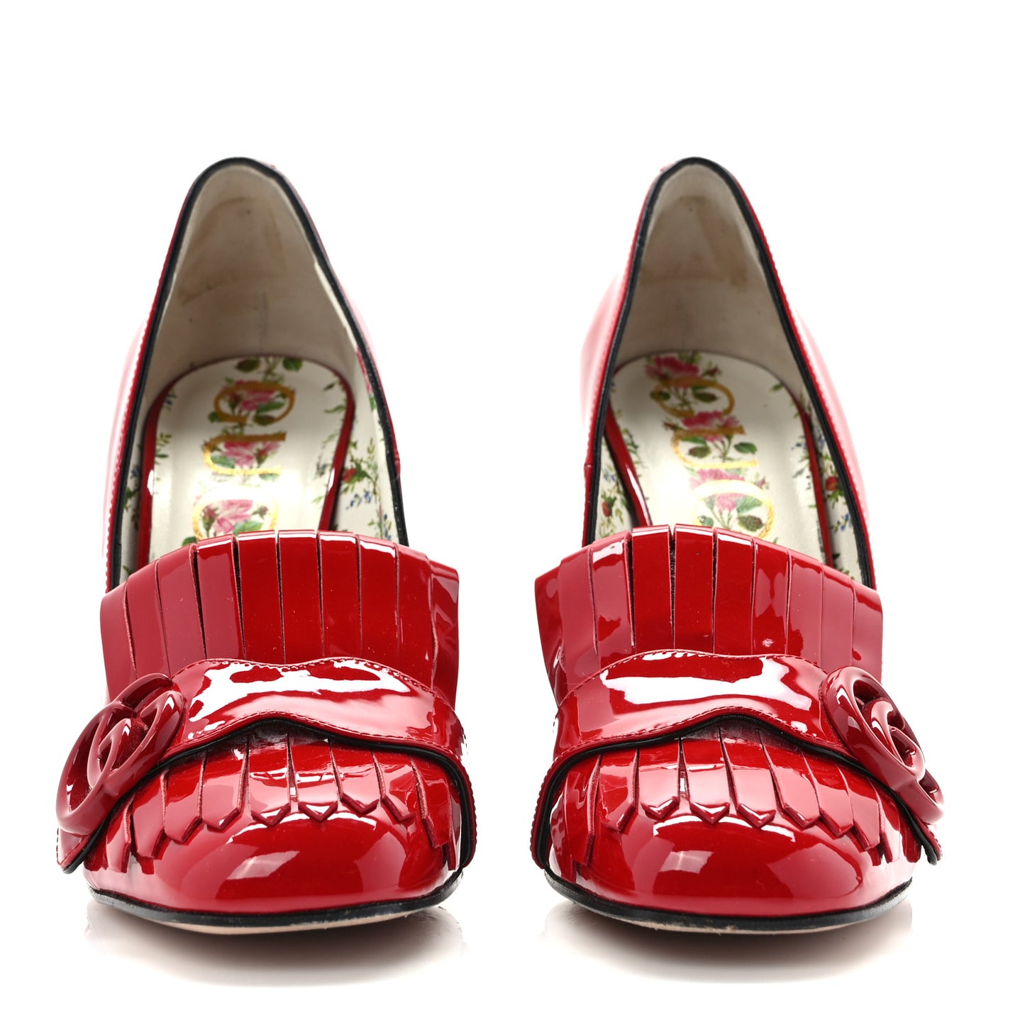 Vernice Crystal Enamel GG Marmont Fringe 105mm Loafer Pumps 36.5 Hibiscus Red Black