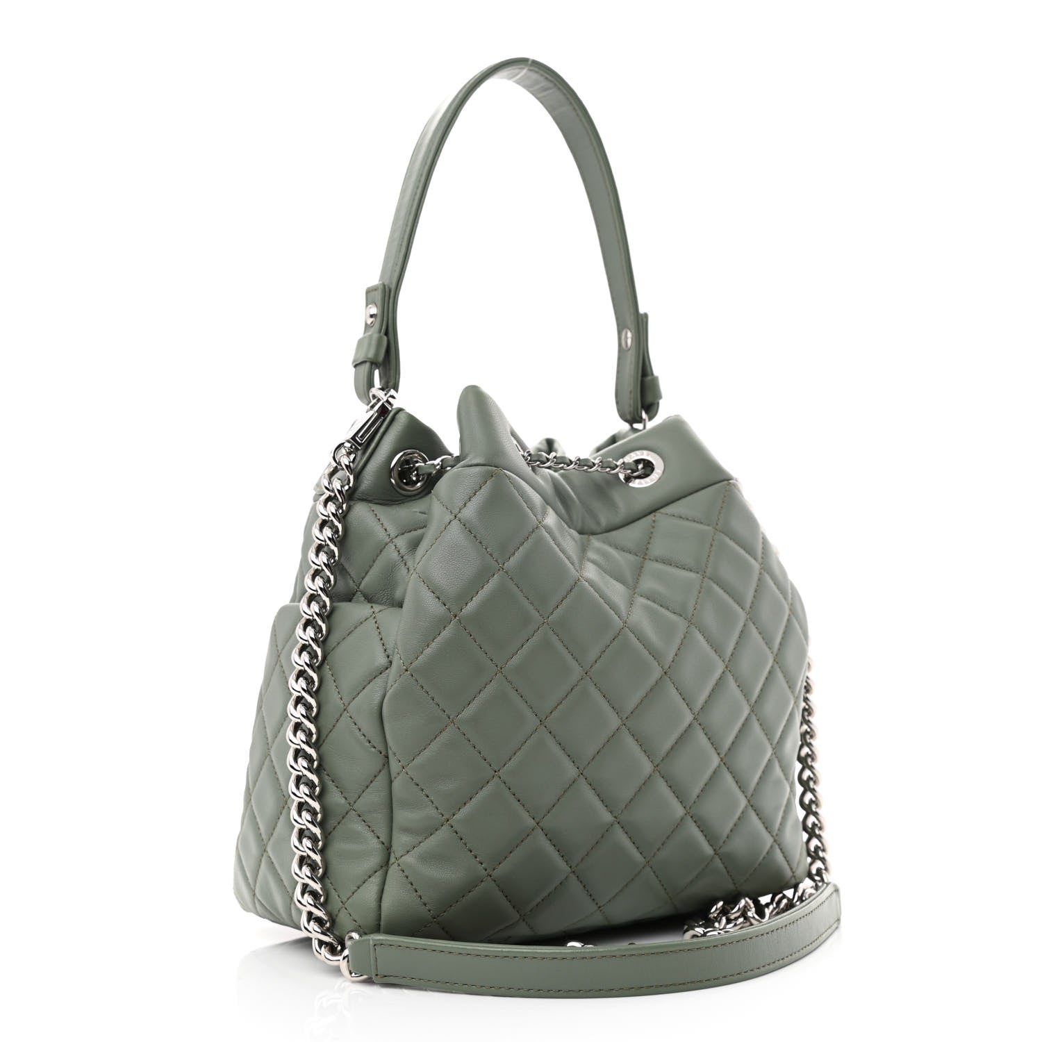 Chanel Lambskin Quilted Small CC Chain Bucket Drawstring Bag Green 3 of 10