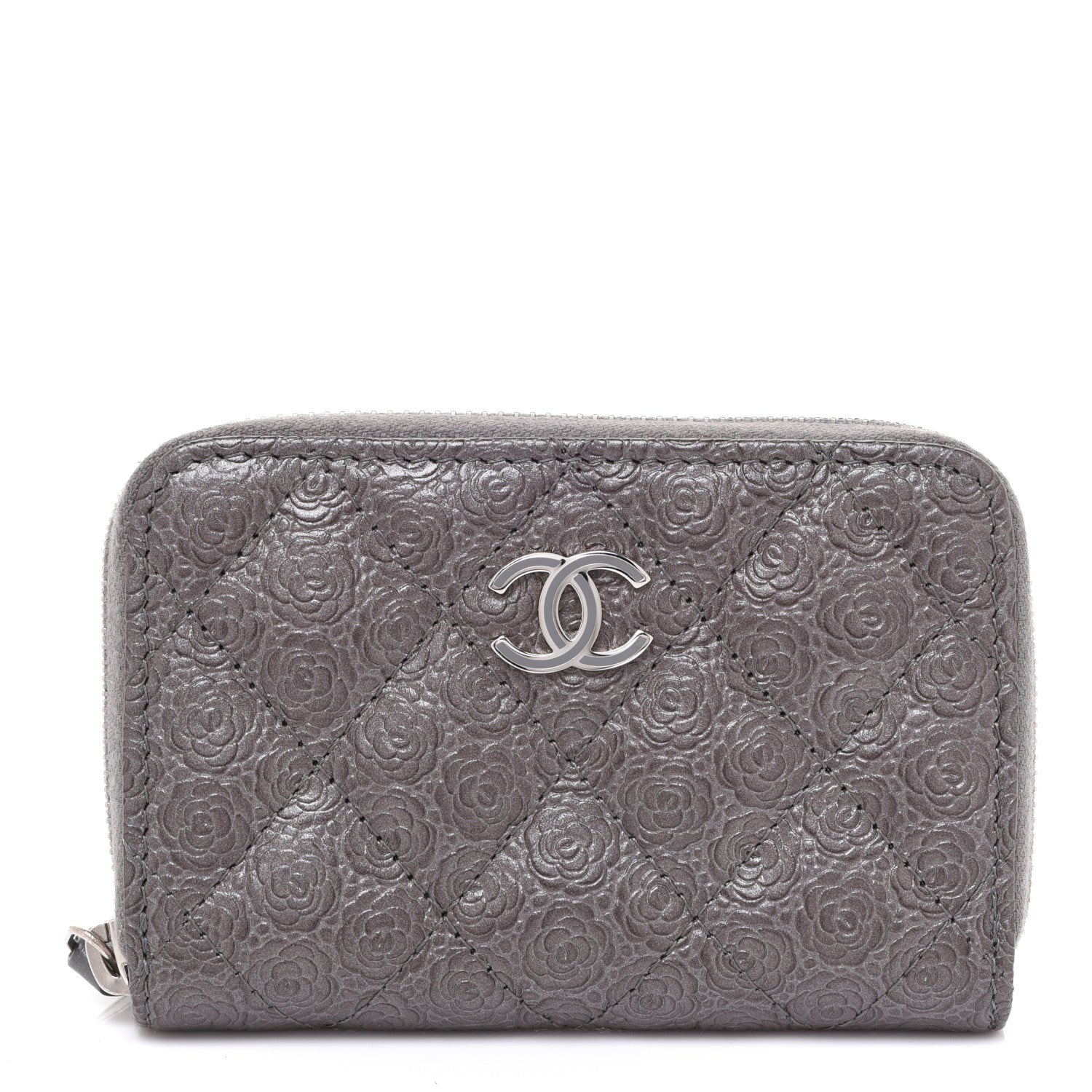 Chanel Metallic Calfskin Camellia Embossed Zip Coin Purse Grey 1 of 9