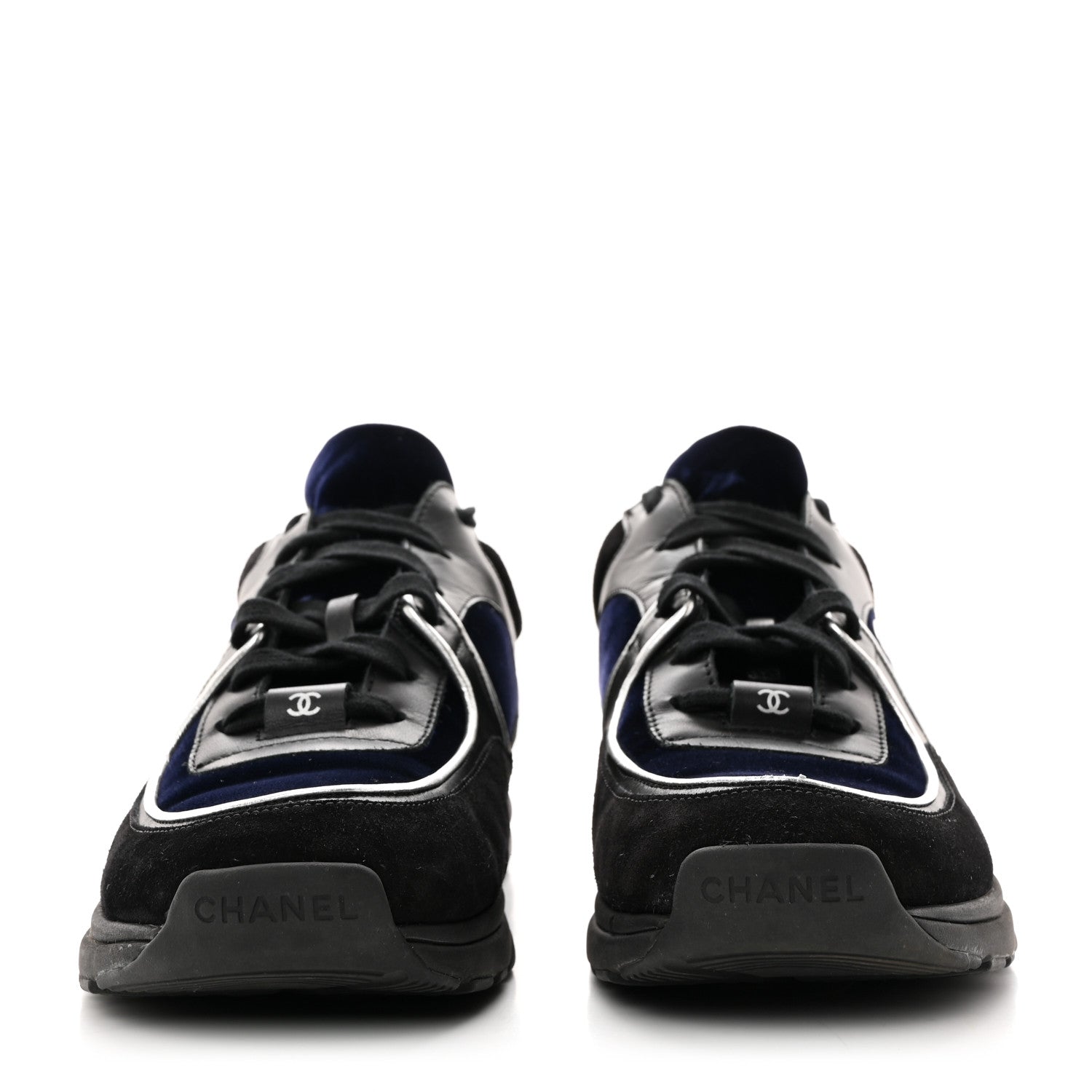 Chanel Suede Velvet Lambskin CC Sneakers 38.5 Black Blue Silver 2 of 9