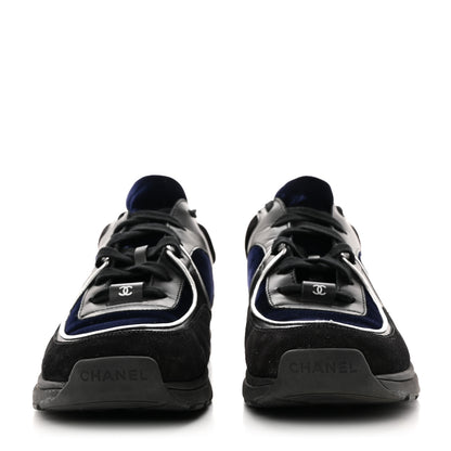 Chanel Suede Velvet Lambskin CC Sneakers 38.5 Black Blue Silver 2 of 9