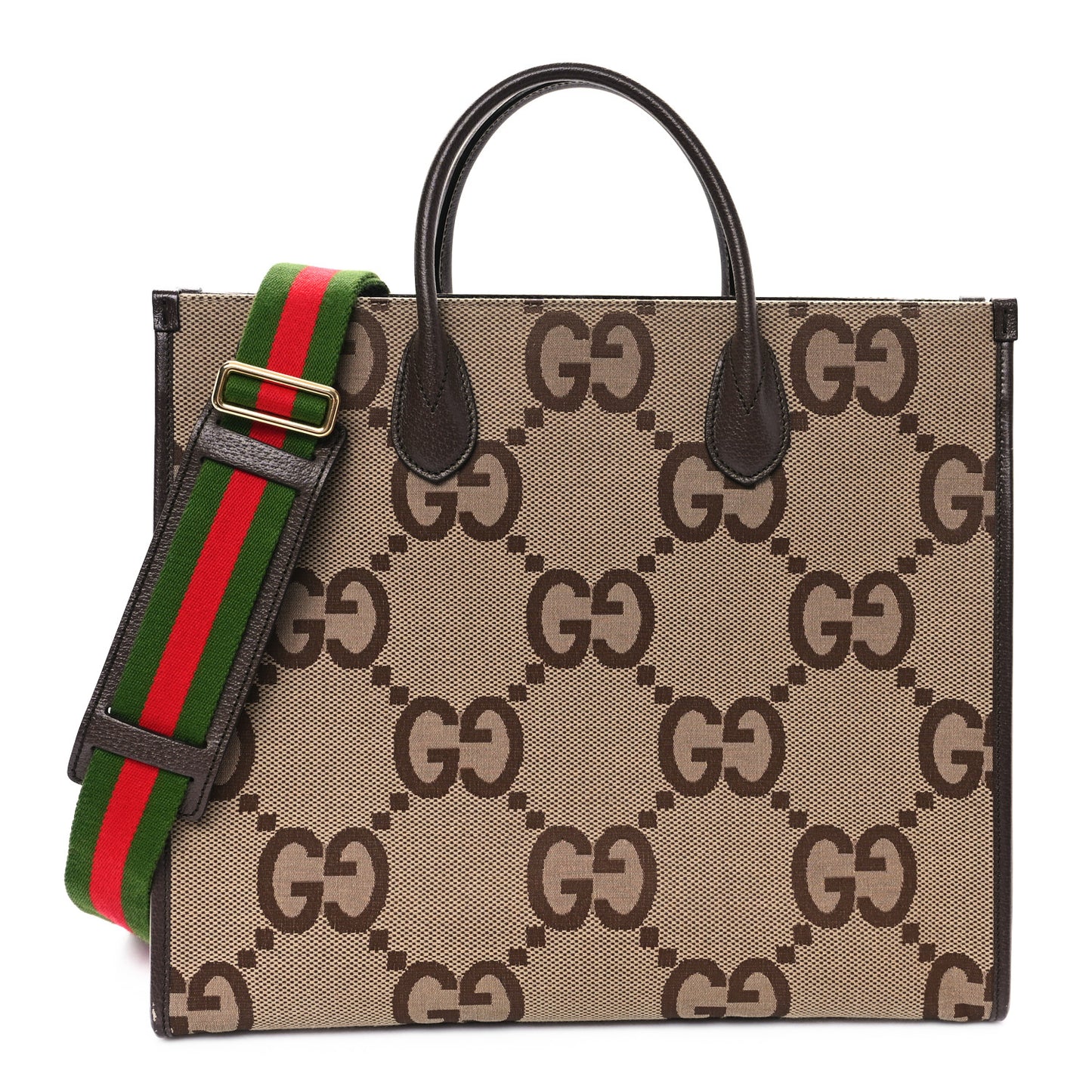 Monogram Jumbo GG Textured Dollar Calfskin Web Tote Bag Camel Ebony New Acero
