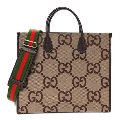 Gucci Monogram Jumbo GG Textured Dollar Calfskin Web Tote Bag Camel Ebony New Acero 1 of 10