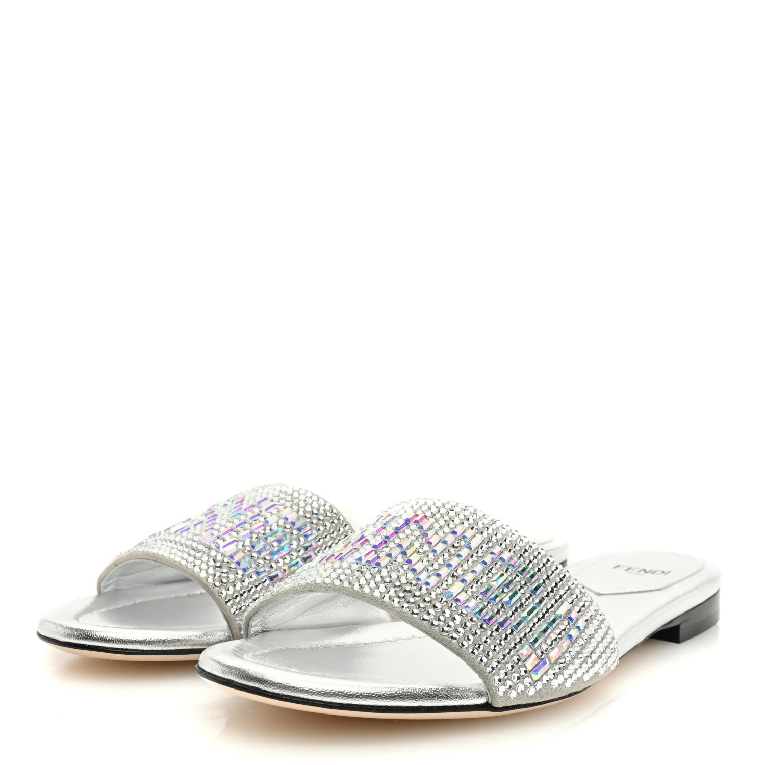 Fendi Laminated Goatskin Baguette Crystal Embroidered Signature Flat Slide Sandals 37.5 Silver 2 of 7