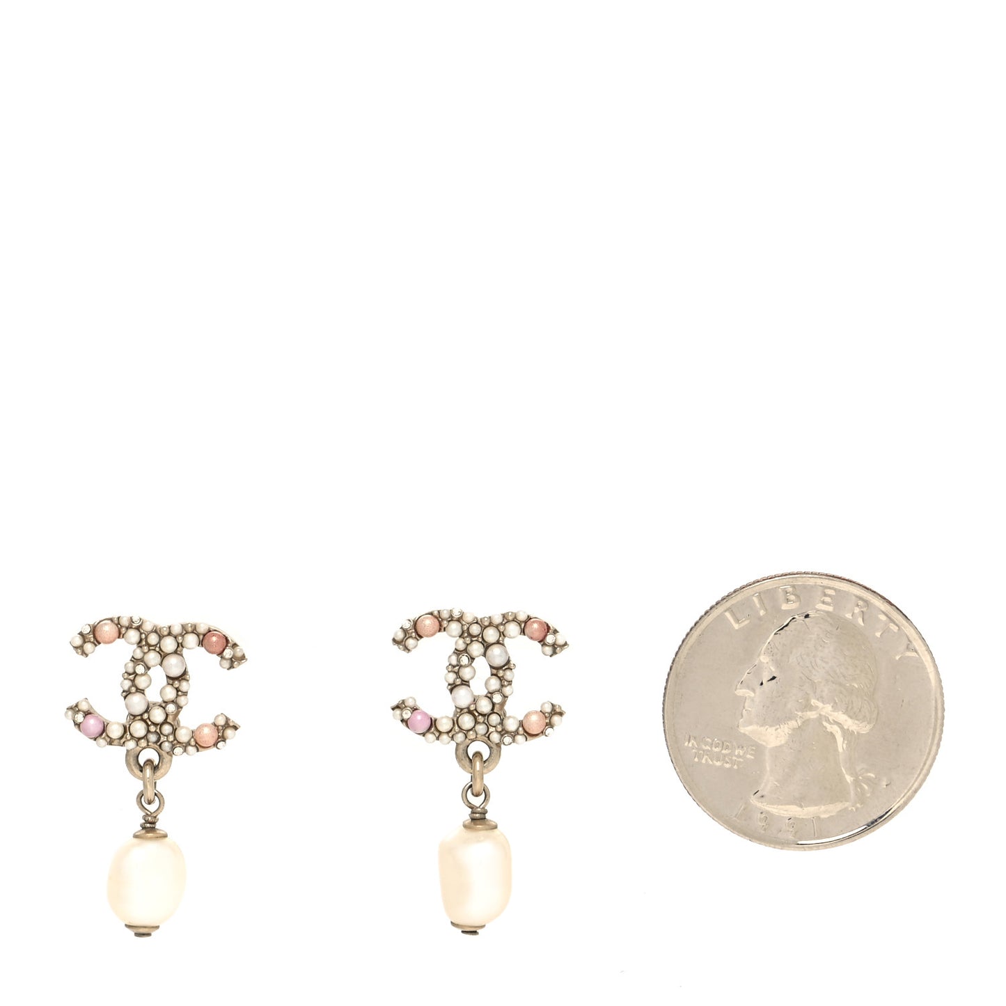 Pearl Crystal CC Charm Drop Earrings Light Gold Pink