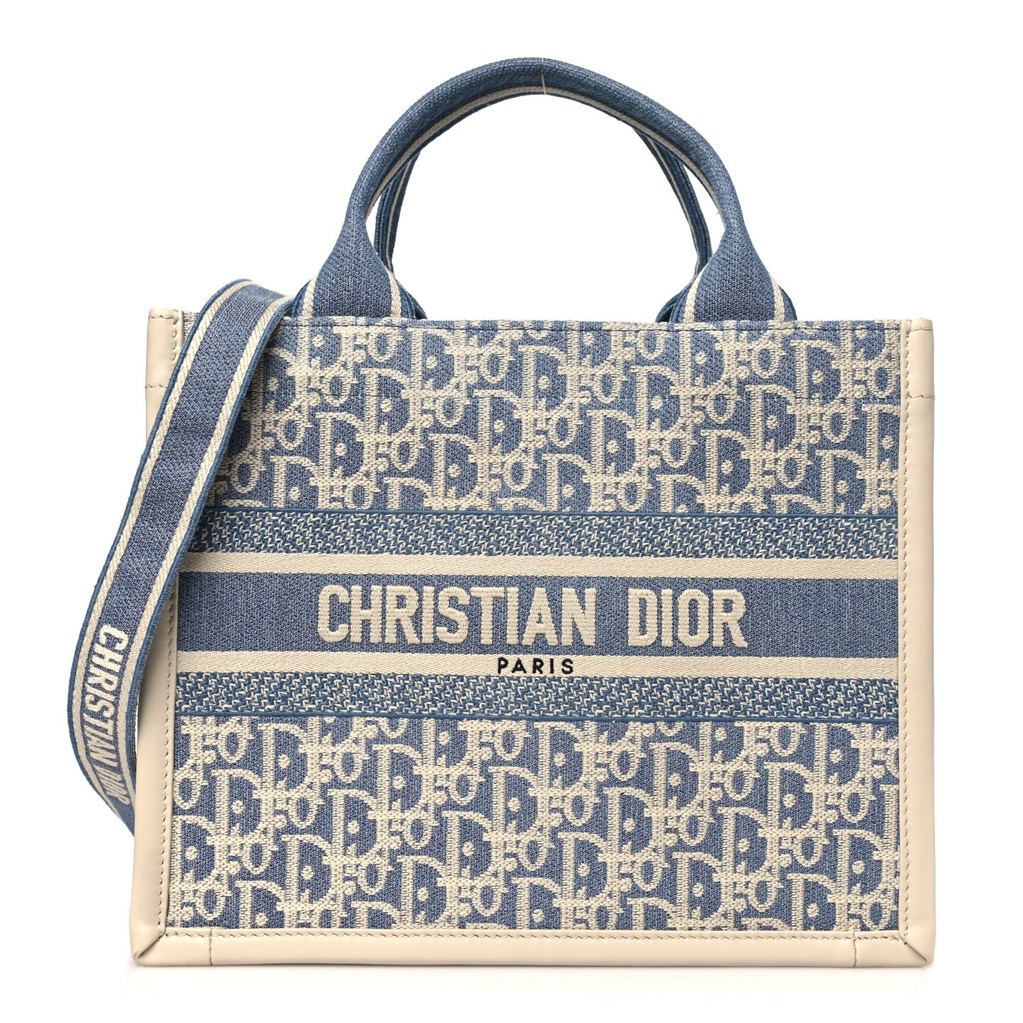 Oblique Chambray Calfskin Small Book Tote With Strap Blue Latte