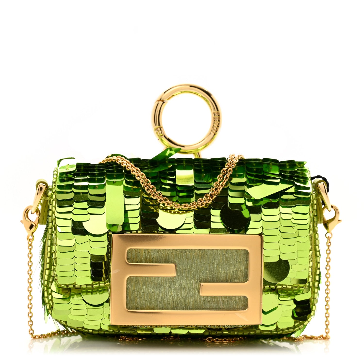 Fendi Sequin Paillettes Shiny Nappa Sex and the City Nano Maxi Buckle Baguette Charm Wasabi 1 of 11