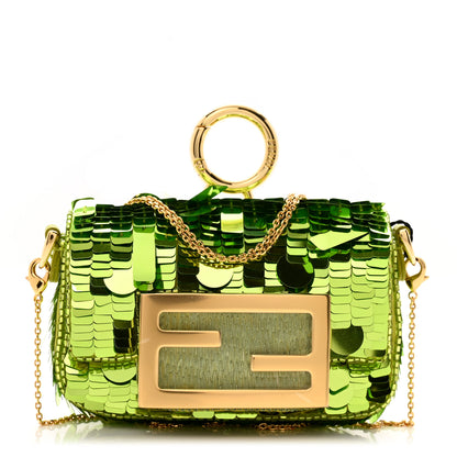 Fendi Sequin Paillettes Shiny Nappa Sex and the City Nano Maxi Buckle Baguette Charm Wasabi 1 of 11