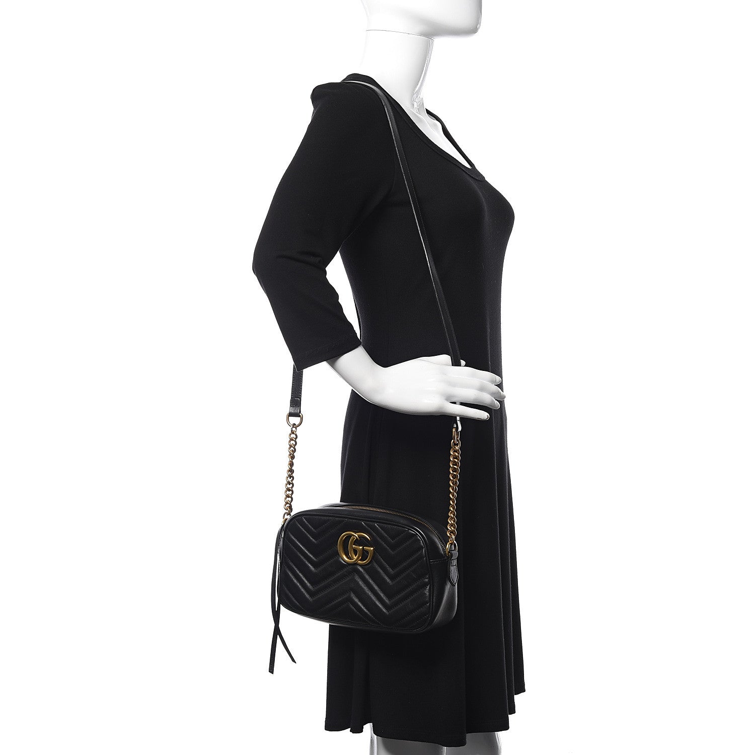 Gucci Calfskin Matelasse Small GG Marmont Chain Shoulder Bag Black 2 of 14