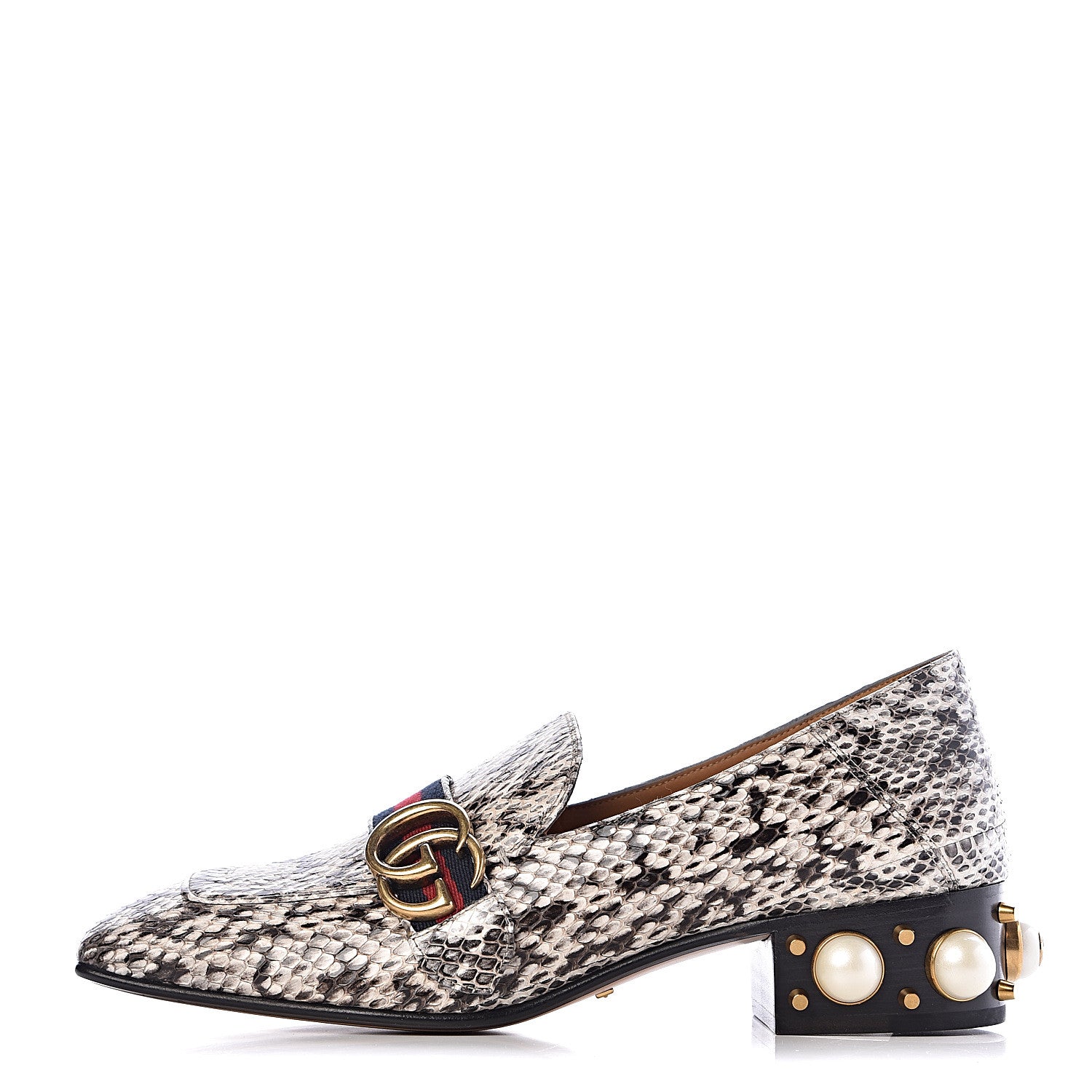 Gucci Elaphe Web Pearl Embellished Peyton Loafers 39 Roccia 1 of 14
