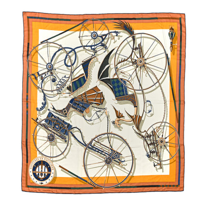 Hermes Cashmere Silk Voitures en Equilibre Shawl 140 Terracotta Mangue Vert Amande 1 of 7