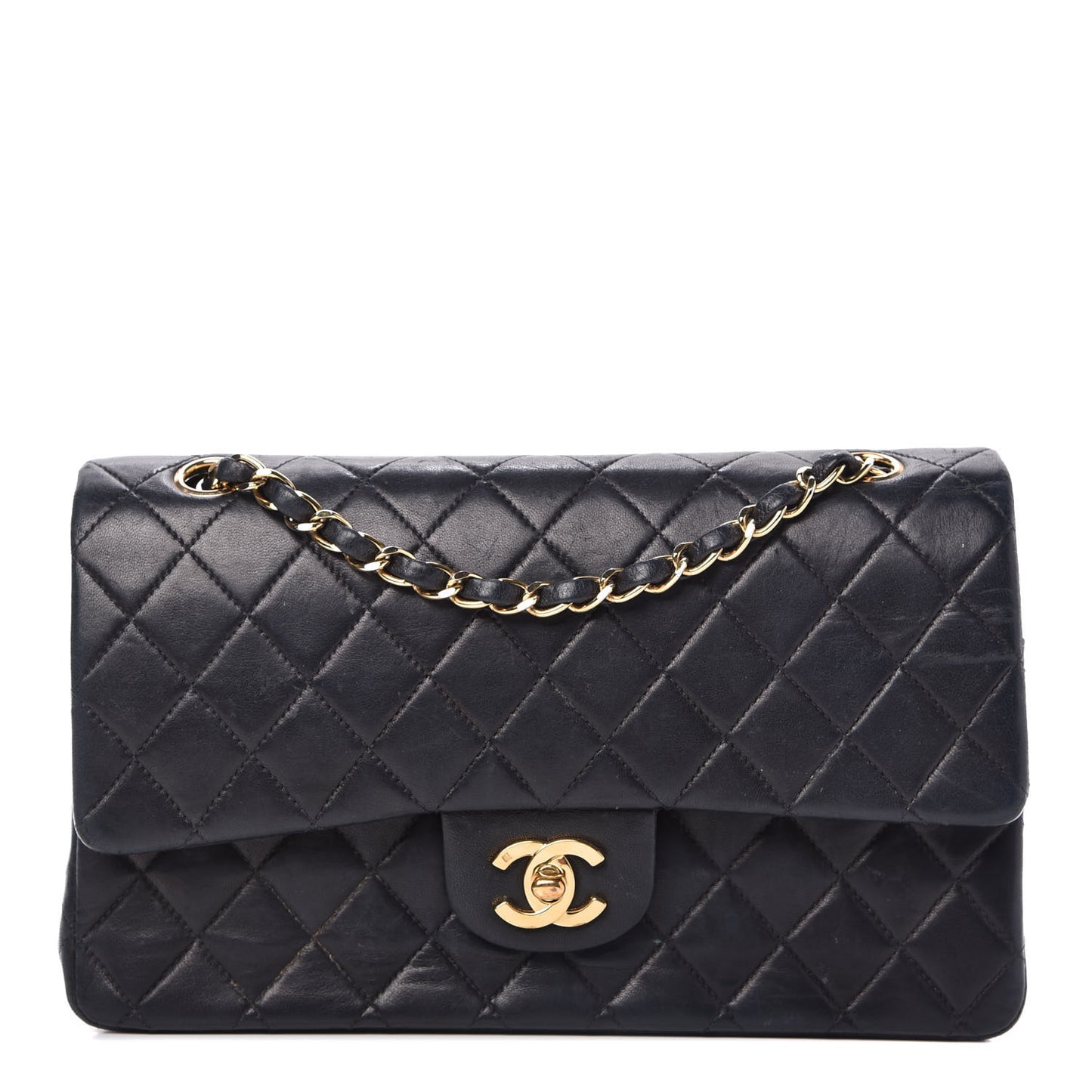 Lambskin Quilted Medium Double Flap Navy