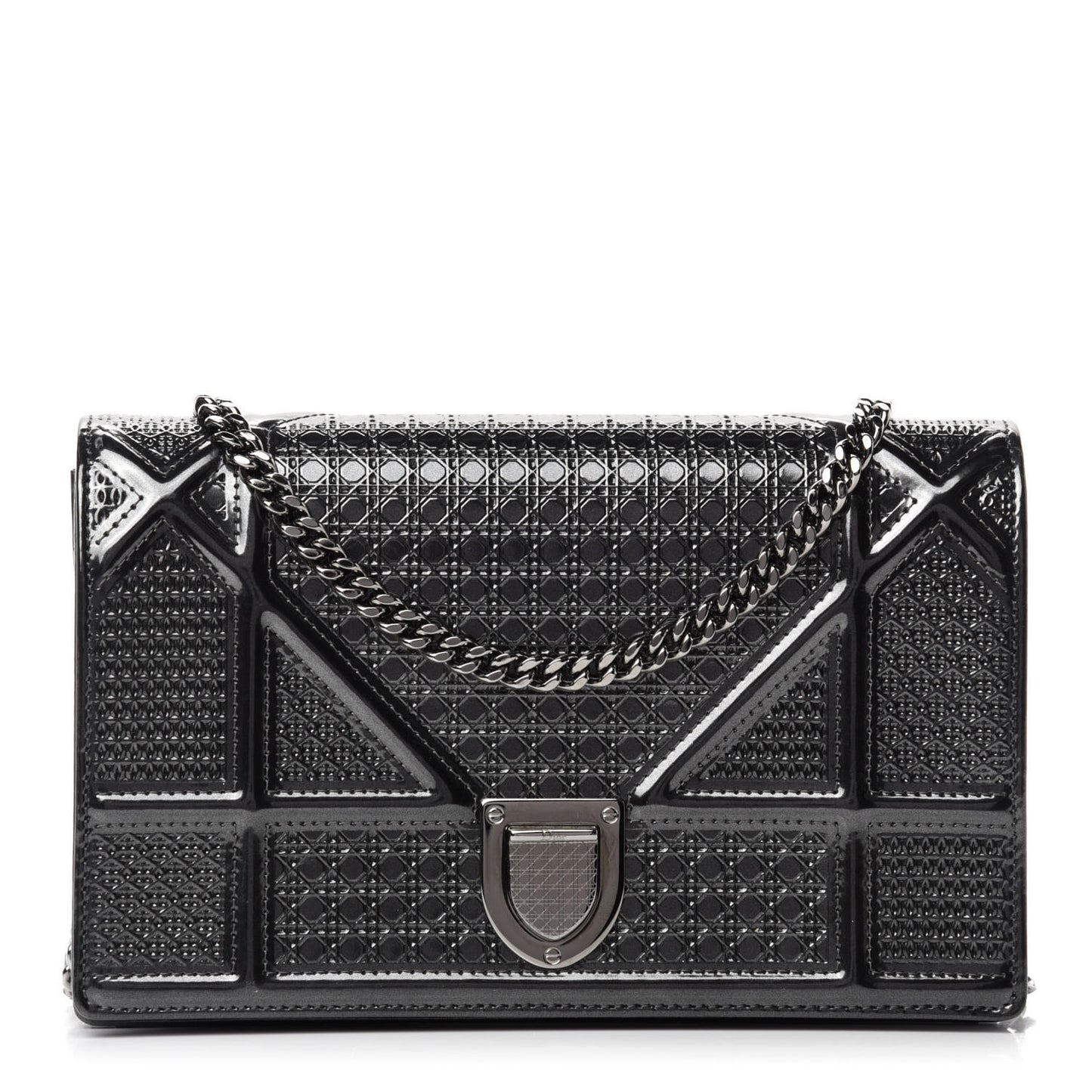 Metallic Patent Micro-Cannage Diorama Wallet on Chain Pouch Onyx Black