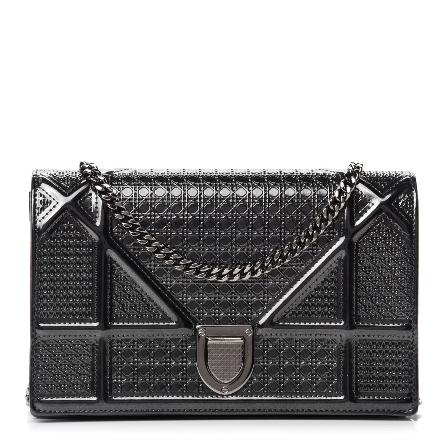 Christian Dior Metallic Patent Micro-Cannage Diorama Wallet on Chain Pouch Onyx Black 1 of 10